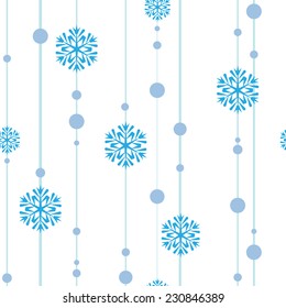 Seamless bright festive winter pattern with straight lines, beads and carved blue snowflakes