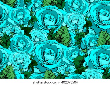 Seamless bright flash colors realistic freehand floral pattern with roses, watercolor ink style. Textile, print vector illustration design for love and garden.