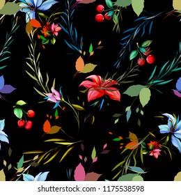 Seamless bright floral background pattern. Abstract flowers, branches with cherry and leaves on black. Pattern for textile, fabric and other prints purpose. Hand drawn artwork, vector.