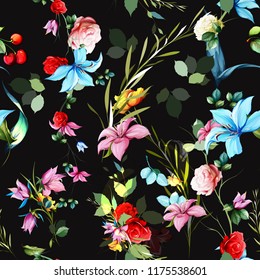 Seamless bright floral background pattern. Abstract flowers, roses, branches with leaves on black. Pattern for textile, fabric and other prints purpose. Hand drawn artwork, vector wallpaper.
