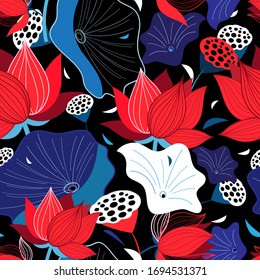 Seamless bright floral background with red lotuses and leaves on dark background