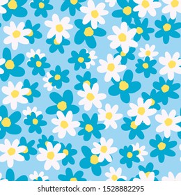 Seamless bright floral pattern with abstract daisies on blue background. For textile, background, wrapping paper, Wallpaper, fabric.