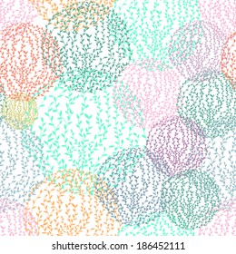 Seamless bright floral pattern with abstract circles and branches with leaves