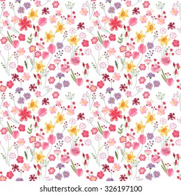 Seamless bright floral pattern with  different flowers. Endless texture for design, announcements, postcards, posters.