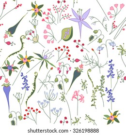 Seamless bright floral pattern with  different wild flowers. Endless texture for season nature design, announcements, postcards, posters.