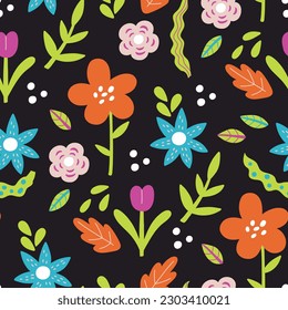 Seamless bright floral pattern. Hand Drawn naive blossom flower. Vector trendy texture for fabric, textile, wallpaper