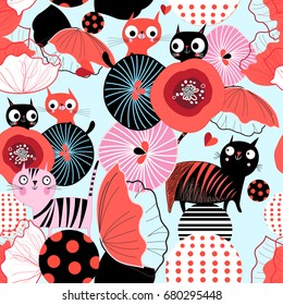 Seamless bright floral pattern with lovers cats on a light background