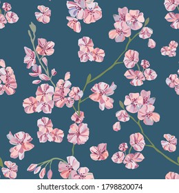 Seamless bright floral pattern on a blue background. For illustration, fabric, decor, background, design, swimwear, Wallpaper, fashion, interior.