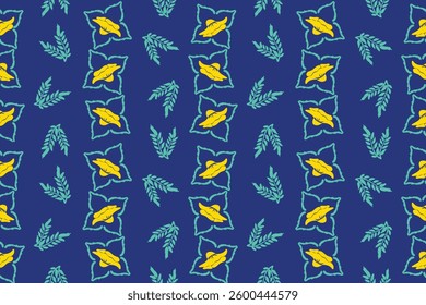 Seamless bright floral pattern. Variety of tropical flowers on a blue background.