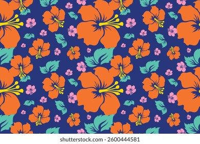 Seamless bright floral pattern. Variety of tropical flowers on a blue background.
