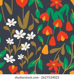 Seamless bright floral pattern with white daisies, red tulips, bright green and olive leaves on dark background. 