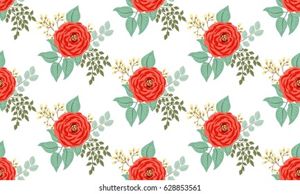 Seamless bright folk pattern in roses and twigs. Country style millefleurs. Floral garden background for textile, wallpaper, pattern fills, covers, surface, print, gift wrap, scrapbooking, decoupage.