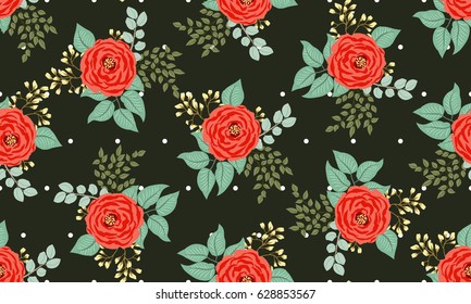 Seamless bright folk pattern in roses and twigs. Country style millefleurs. Floral garden background for textile, wallpaper, pattern fills, covers, surface, print, gift wrap, scrapbooking, decoupage.