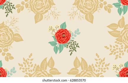 Seamless bright folk pattern in roses and twigs. Country style millefleurs. Floral garden background for textile, wallpaper, pattern fills, covers, surface, print, gift wrap, scrapbooking, decoupage.