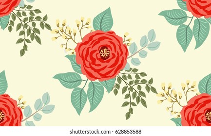 Seamless bright folk pattern in roses and twigs. Country style millefleurs. Floral garden background for textile, wallpaper, pattern fills, covers, surface, print, gift wrap, scrapbooking, decoupage.