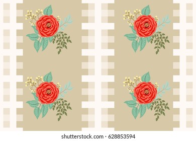 Seamless bright folk pattern in roses and twigs. Country style millefleurs. Floral garden background for textile, wallpaper, pattern fills, covers, surface, print, gift wrap, scrapbooking, decoupage.