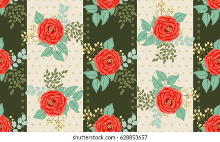 Seamless bright folk pattern in roses and twigs. Country style millefleurs. Floral striped background for textile, wallpaper, pattern fills, covers, surface, print, gift wrap, scrapbooking, decoupage.