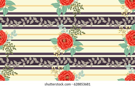 Seamless bright folk pattern in roses and twigs. Country style millefleurs. Floral striped background for textile, wallpaper, pattern fills, covers, surface, print, gift wrap, scrapbooking, decoupage.