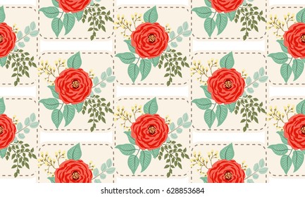 Seamless bright folk pattern in roses and twigs. Country style millefleurs. Floral garden background for textile, wallpaper, pattern fills, covers, surface, print, gift wrap, scrapbooking, decoupage.