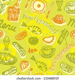 Seamless bright food pattern on the green background in vector