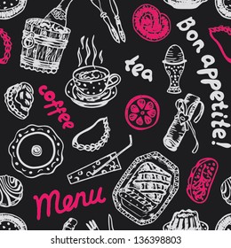 Seamless bright food pattern on grey blackboard in vector