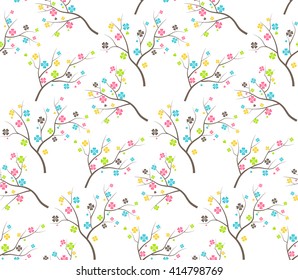 Seamless Bright Fun Abstract Spring Summer Flower Trees Pattern Isolated on White Background