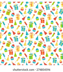 Seamless bright fun celebration festive pattern isolated on white background