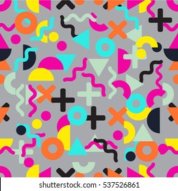 Seamless bright and funny geometrical pattern in memphis studio style. 80s style geometric pattern. Vector illustration for your graphic design.