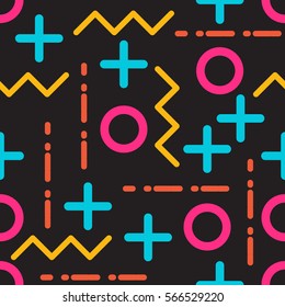 Seamless bright and funny geometrical pattern in memphis studio style. 80s style geometric pattern. Vector illustration for your graphic design.