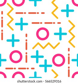 Seamless bright and funny geometrical pattern in memphis studio style. 80s style geometric pattern. Vector illustration for your graphic design.