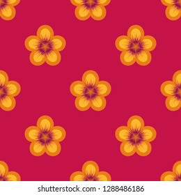 Seamless bright geometric pattern. Orange flowers with burgundy core on red background. Repeat botanical pattern. Vector illustration.