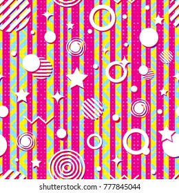 Seamless bright geometric pattern from strips, zigzag, circles, stars. Bright contrasting colors, daring design. Modern, fashionable style. Vector
