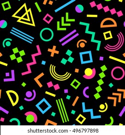 Seamless bright geometric vintage pattern in retro 80s style on black background. Memphis style. Can be used in textiles, fashion, clothes, paper print and website backdrop.