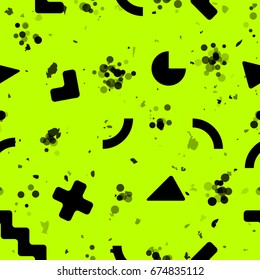 Seamless bright geometrical pattern in memphis studio style. 80s style geometric grunge pattern. Vector illustration for your graphic design.