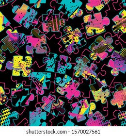 Seamless bright girlish print with puzzles. For textiles, prints, wrapping paper and more
