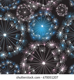 Seamless bright graphic background with white dandelions on a dark background