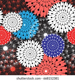 Seamless bright graphic pattern of dandelions and circles on a dark background