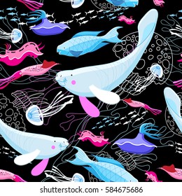 Seamless bright graphic pattern of manatees and fish