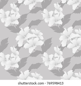 Seamless Bright Gray White Hibiscus Gray Background Vector Pattern