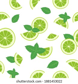 Seamless bright green spring and summer pattern with lime and mint leaves for tea. A set of citrus fruits for a healthy lifestyle. Vector flat illustration of useful food.