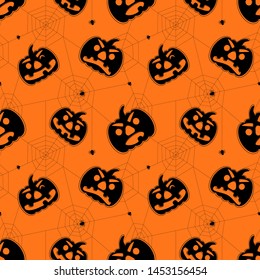Seamless bright halloween pattern. Cartoon style pattern with pumpkins, spiders and spider web