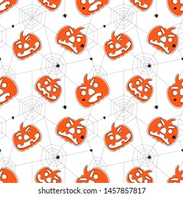 Seamless bright halloween pattern. Cartoon style pattern with pumpkins, spiders and spider web