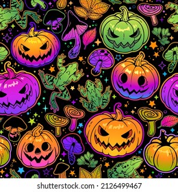 seamless bright halloween pattern of pumpkins, mushrooms and frogs