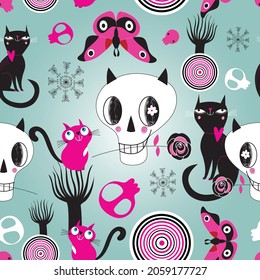 Seamless Bright Halloween Pattern with skull and cats