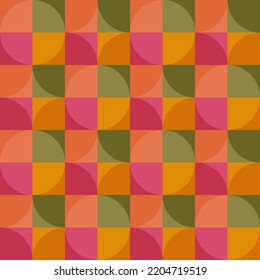 Seamless Bright Hello Autumn Holiday Party Pattern With  Bauhaus Circle And Square Orange And Pink Shapes On Green Background. For Bed Linen And Gift Or Wrapping Paper.