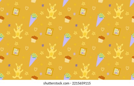 Patrón de cumpleaños de vacaciones brillantes sin inconveniente. Conejos y ramo de flores sobre fondo de regalo amarillo. Envuelto y papel de regalo. textiles para prendas de vestir de niños y niñas. Superficie de habitación infantil.