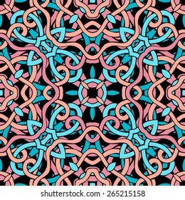 Seamless bright interlacing pattern. Blue and pink twisted lines on black background.