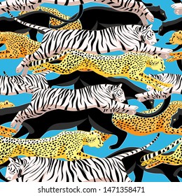 Seamless bright jungle pattern of panthers, cheetahs and tigers on a blue background. Template for wallpaper, fabric or web page.