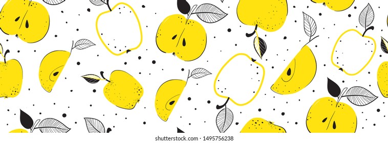 Seamless bright light pattern with apples and leaves for fabric, drawing labels, print on t-shirt, wallpaper of children's room, fruit background. Slices of a apples doodle style cheerful background.