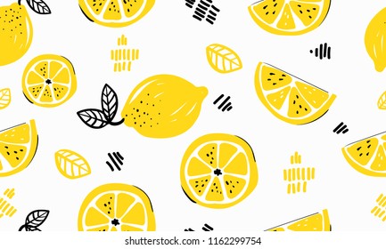 Seamless bright light pattern with Fresh lemons for fabric, drawing labels, print on t-shirt, wallpaper of children's room, fruit background. Slices of a lemon doodle style cheerful background.